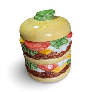 Vintage OGGI Double Cheeseburger Cookie Jar Hand Painted Ceramic 90s Retro 9"